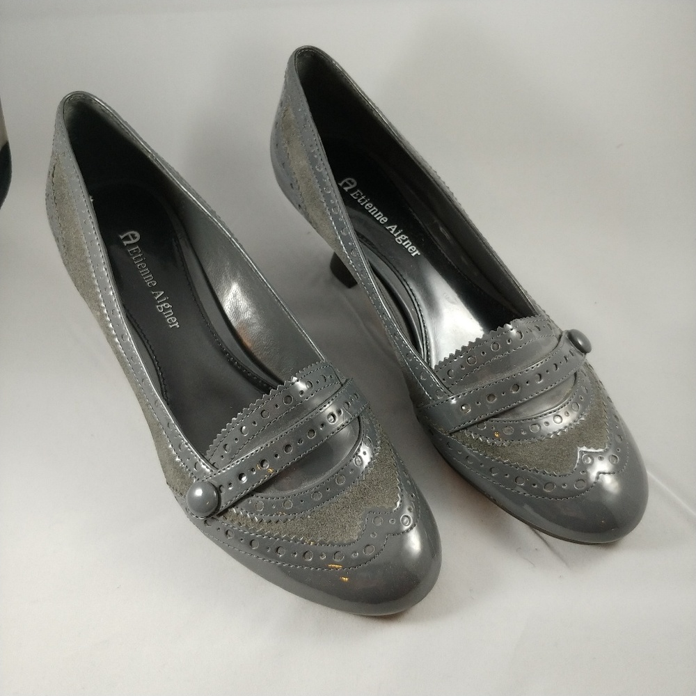 Etienne Aigner Kitten Heeled Oxford Shoe NWOT Size 6 Gray - Picture 2 of 6
